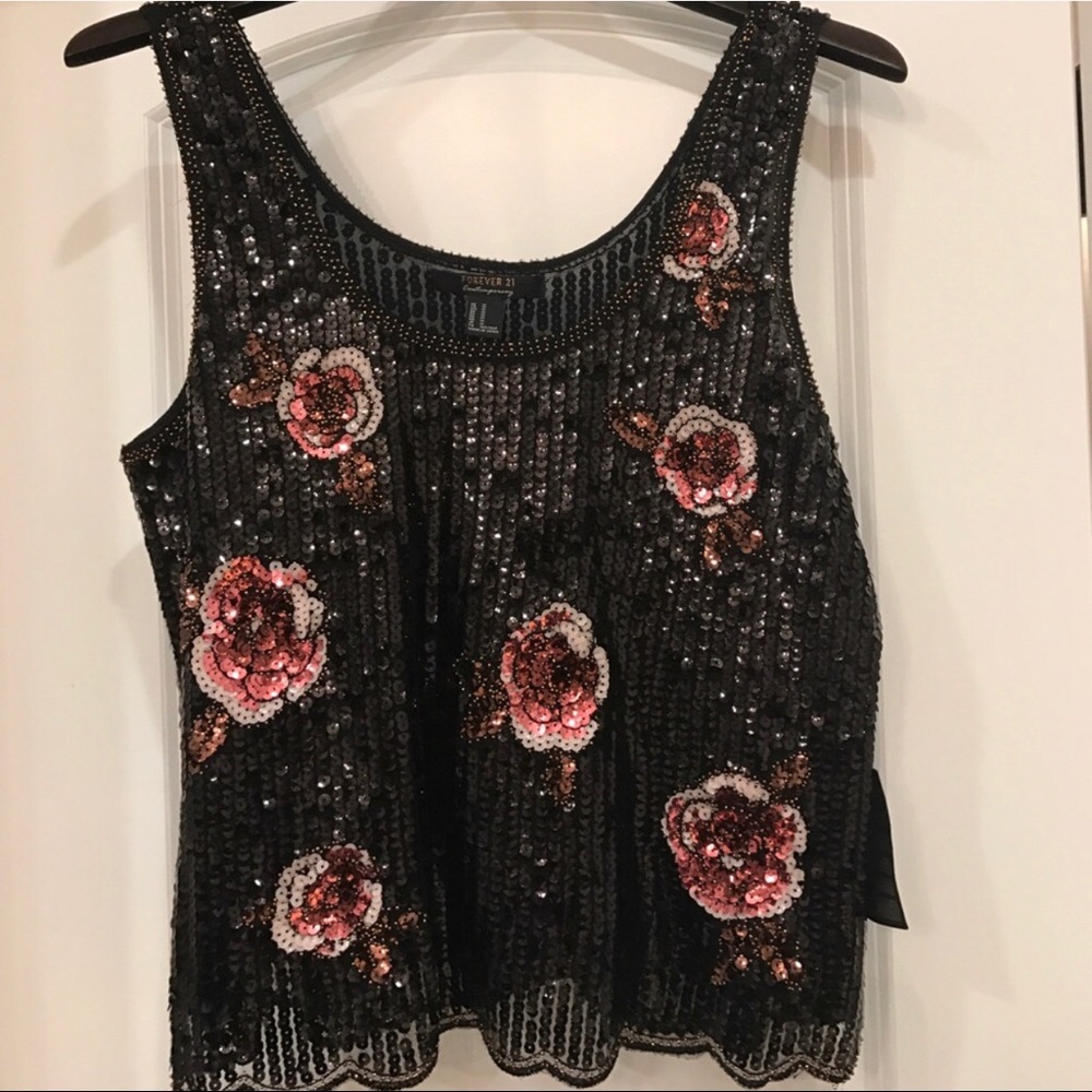 Forever 21 Black Sequin Floral Sequin Tank